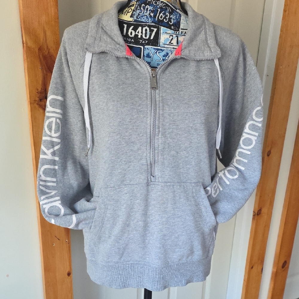 Calvin Klein Performance Womens L Sherpa Lined 1/4 Zip Hoodie – Gray White Pink